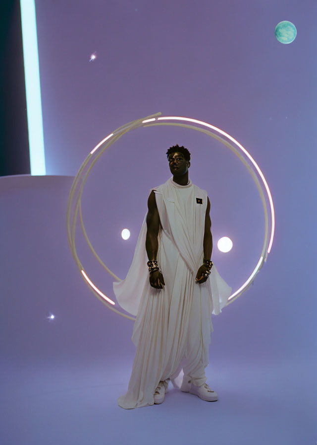 Person in White Garment Stands in Futuristic Setting with Circular Lights