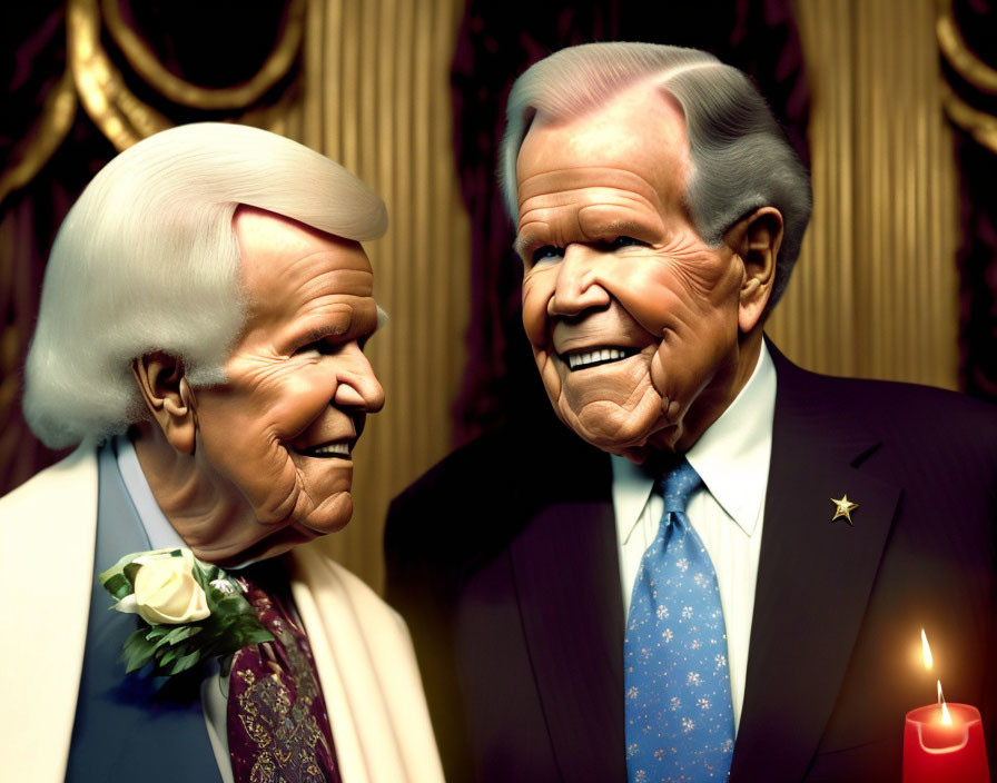 Stylized elderly caricatures in formal attire smiling