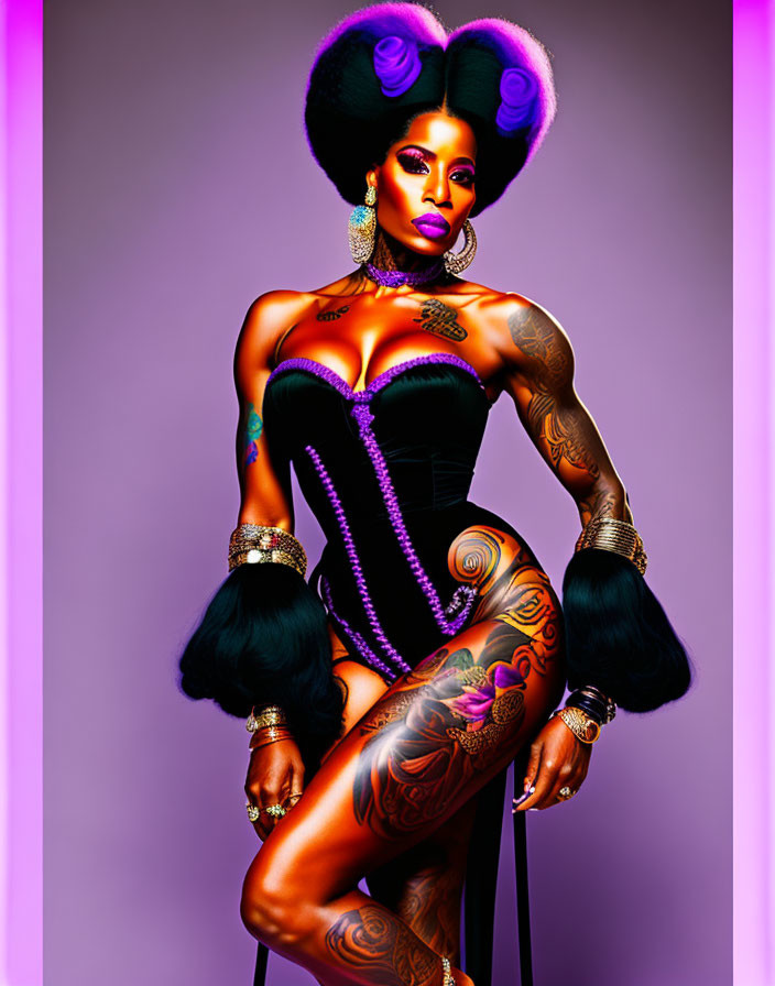 Elaborate Purple-and-Black Hair with Tattoos and Corset Pose on Purple Background