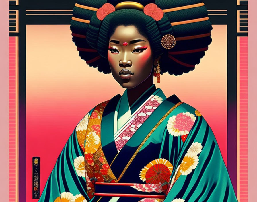 Traditional Japanese woman illustration in vibrant colors and complex hairstyle