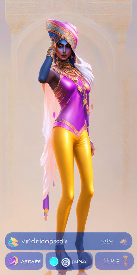 Blue-skinned female character in purple and gold costume with white veil and turban