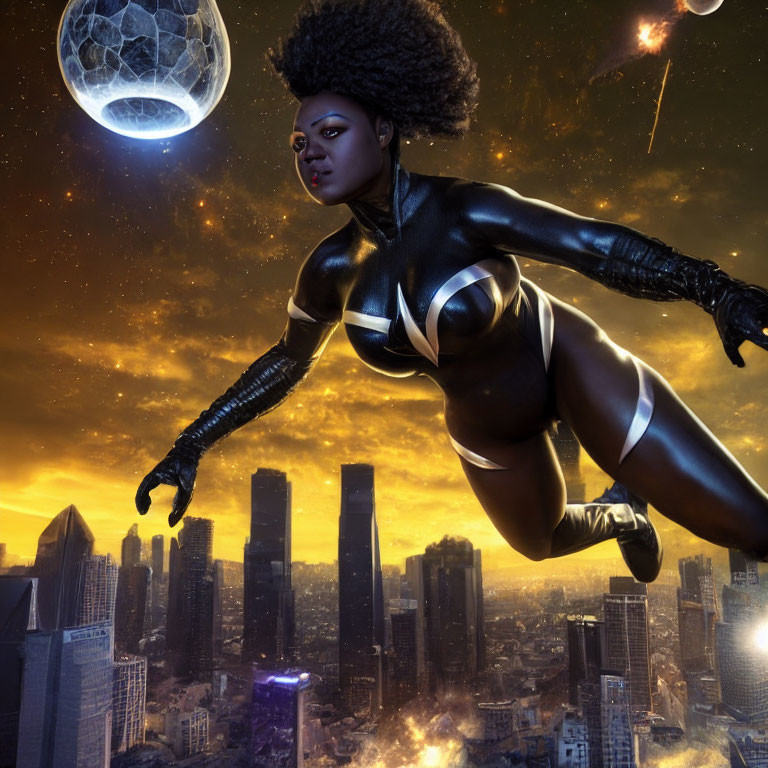 Superheroine with afro flying over cityscape at dusk with damaged moon & fiery meteors