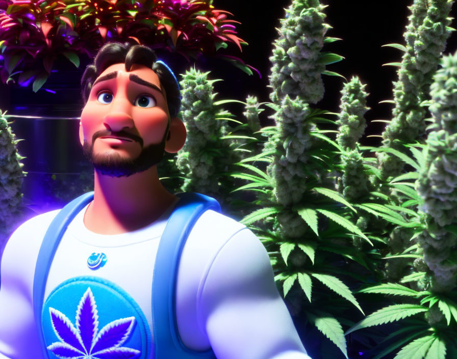 Smiling male character in white and blue outfit with cannabis leaf emblem among tall plants