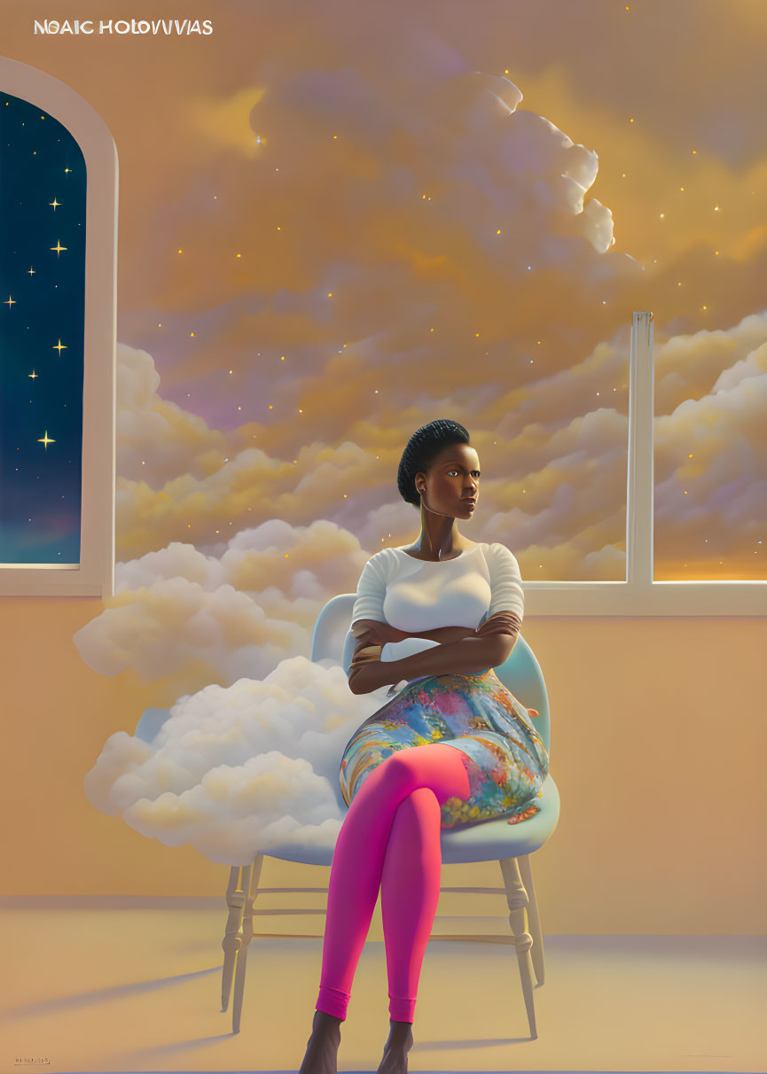 Woman sitting on chair in surreal room with clouds and starry sky.