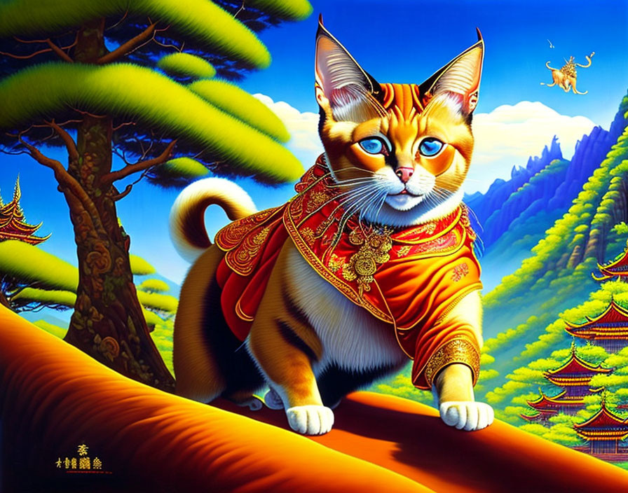 Majestic cat in red-gold robe on log in vibrant fantasy landscape