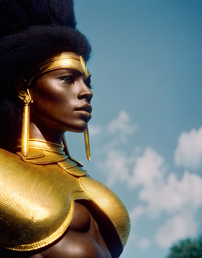 Woman adorned in gold jewelry and high afro hairstyle under cloudy blue sky.