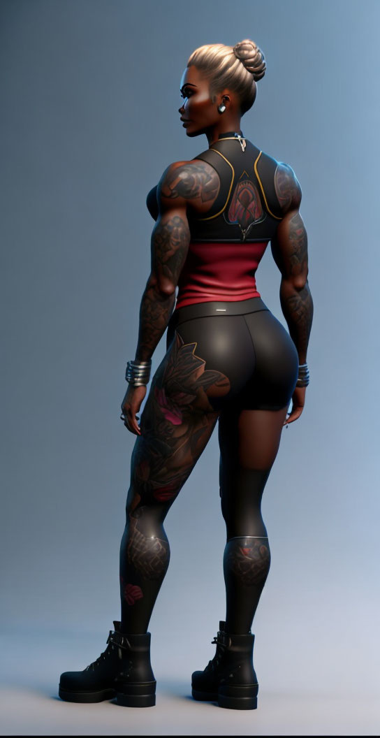 Digitally created woman with intricate tattoos in black workout outfit and boots.