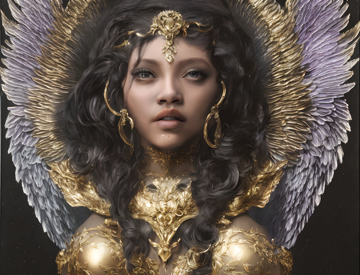 Woman in ornate gold armor and headdress with large wings on dark background