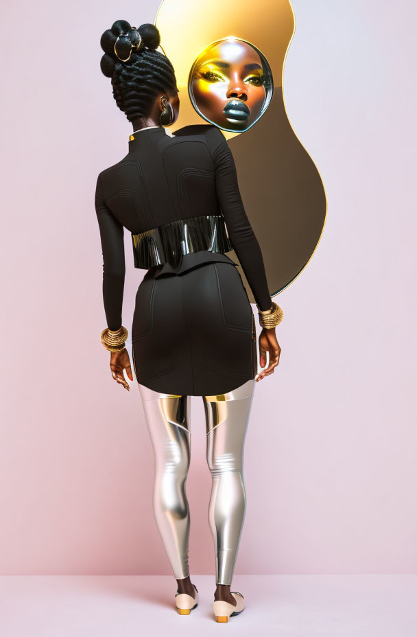 Futuristic image of woman in metallic leggings and dark bodysuit facing abstract golden mirror