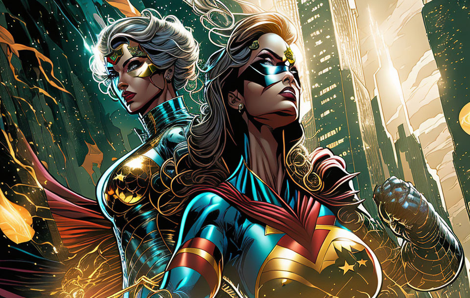 Two female superheroes in vibrant, detailed costumes against cityscape.