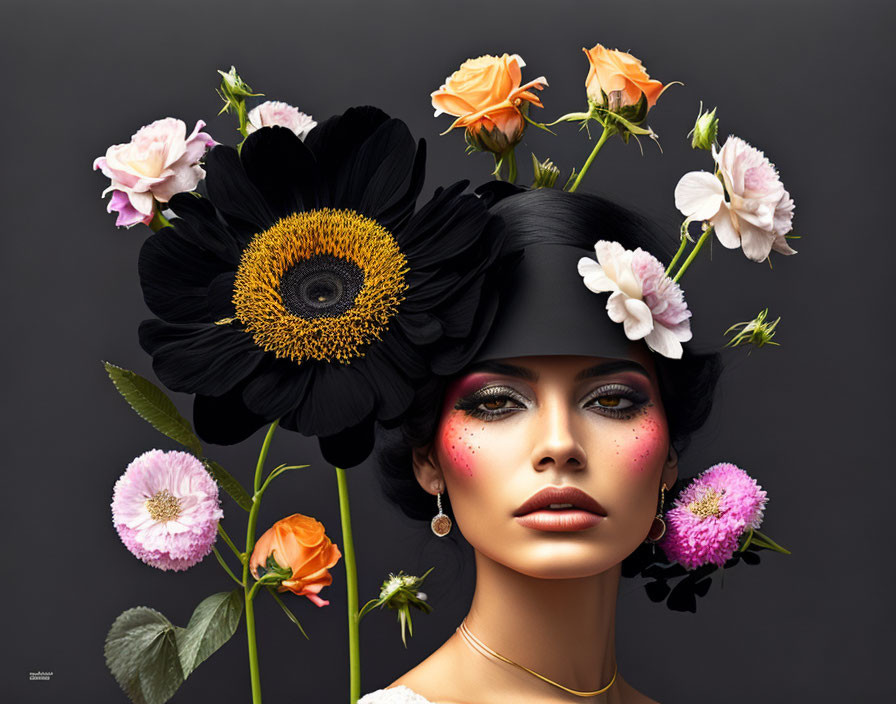 Woman with dramatic makeup and black sunflower eye surrounded by vivid flowers