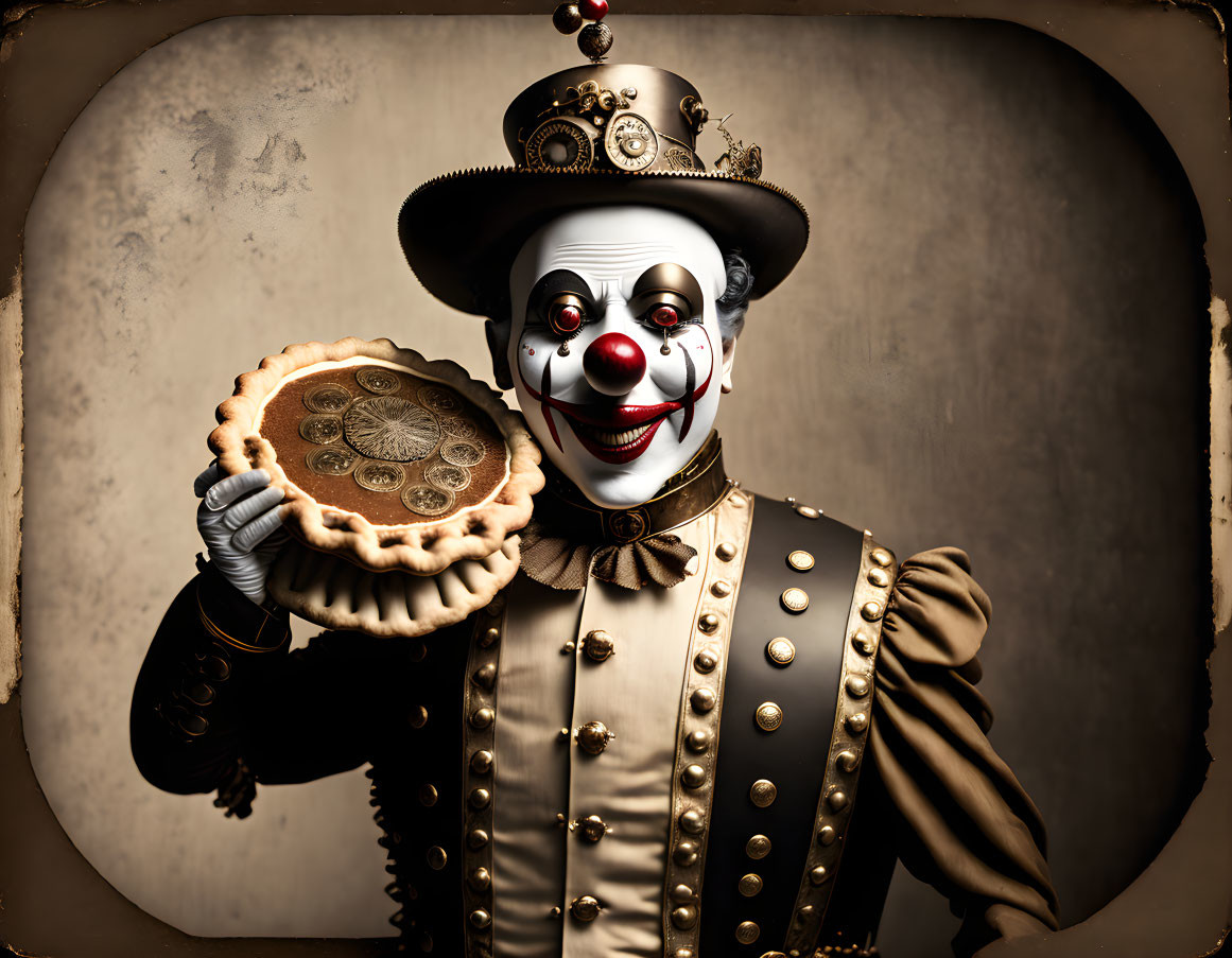 Steampunk clown with top hat, goggles, Victorian outfit, holding clockwork pie