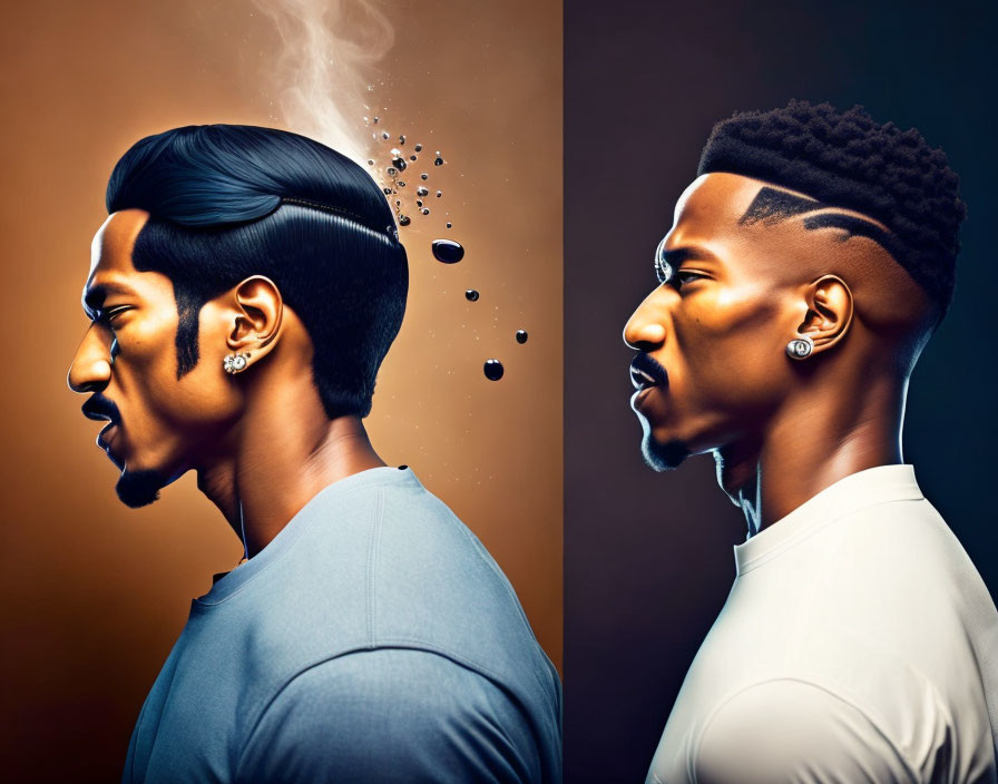 Stylized male profiles with sleek hairstyles on dual-toned background