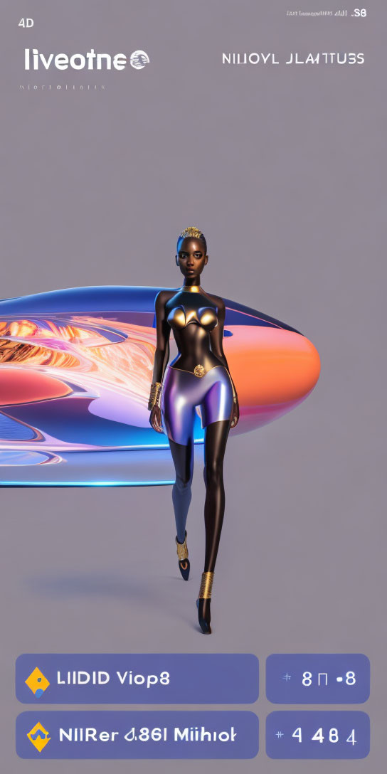 Futuristic female figure in shiny bodysuit with tiara in dynamic pose