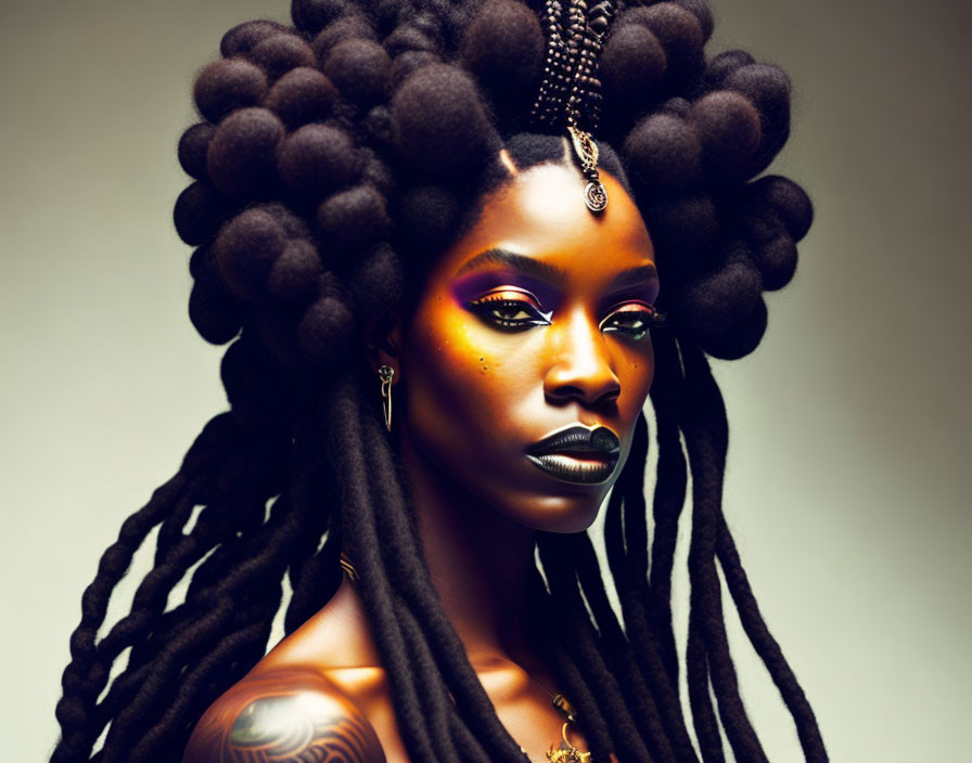 Woman with artistic dreadlocks and tribal makeup in yellow and black