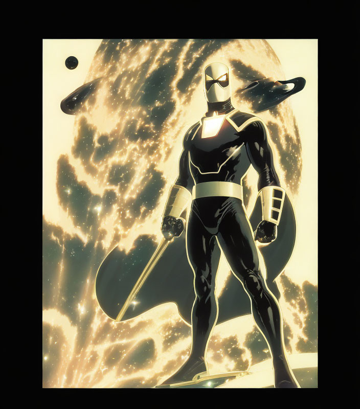 Superhero in Black and Gold Suit with Shield on Cosmic Background