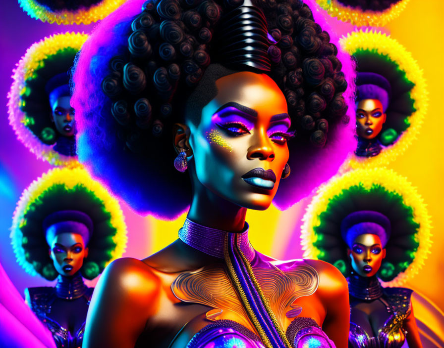 Colorful digital art: Woman with towering afro in futuristic attire amid glowing halos