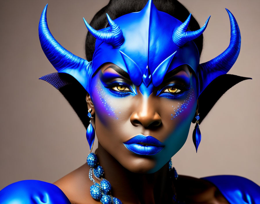 Person with dramatic blue makeup and prosthetic horns in fantasy creature look.