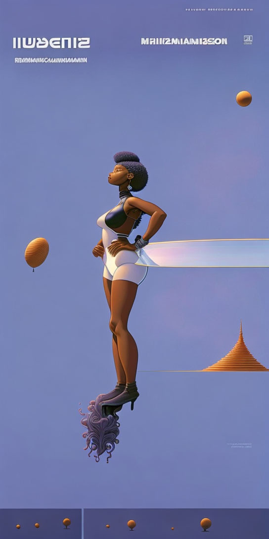 Woman on futuristic platform with two moons in surreal landscape