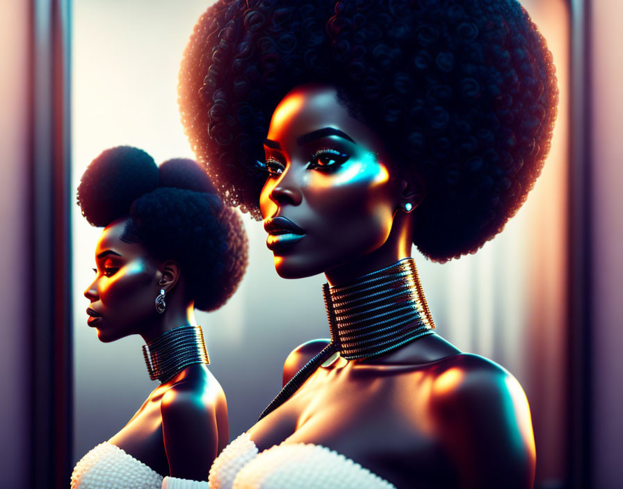 Striking Afro hairstyles on two women under blue and warm lighting