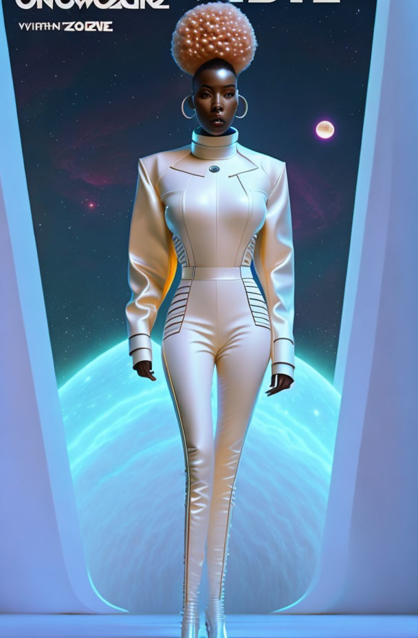 Futuristic female figure in white spacesuit by spaceship viewport