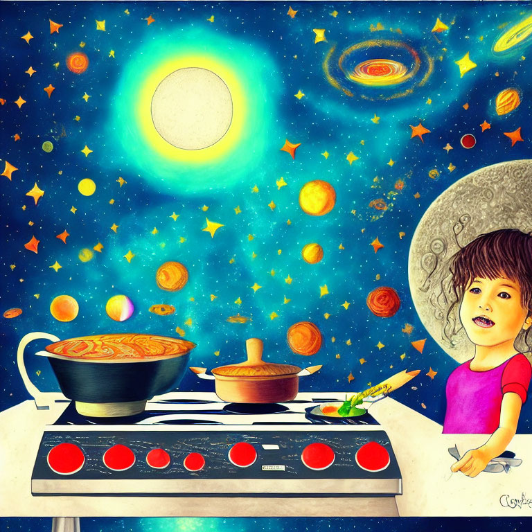 Child cooking on stove with celestial bodies above