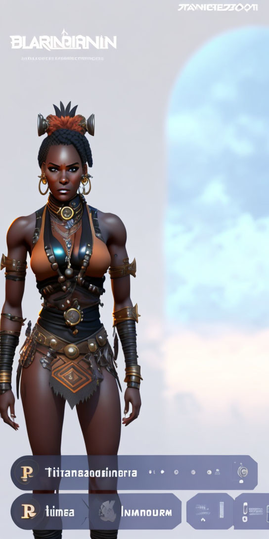 Stylized digital art of dark-skinned female warrior in tribal attire