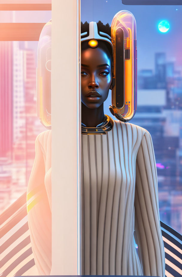 Futuristic digital art: Woman in futuristic attire by city window