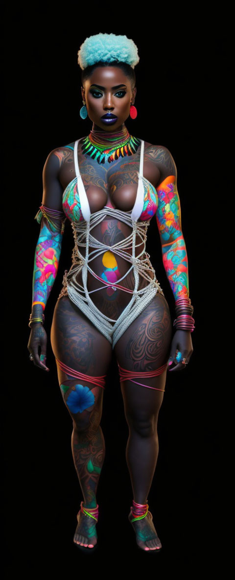 Colorful body paint and jewelry on woman in white outfit against black background