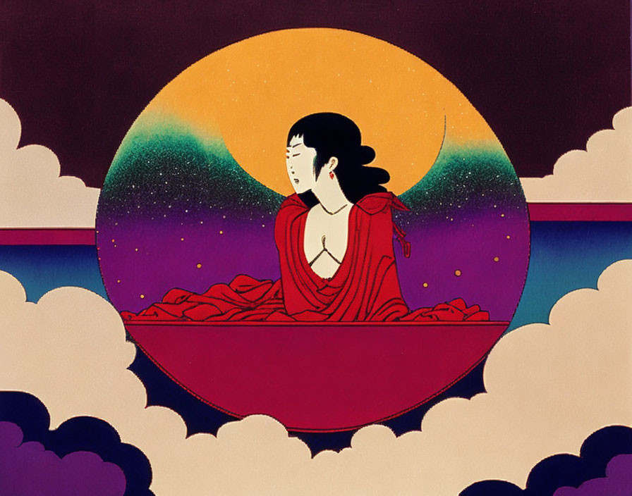 Stylized illustration of person in red garment on cloud under golden moon