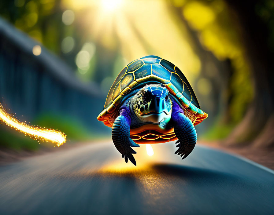 Colorful Turtle with Shiny Shell Speeding Through Forest Road