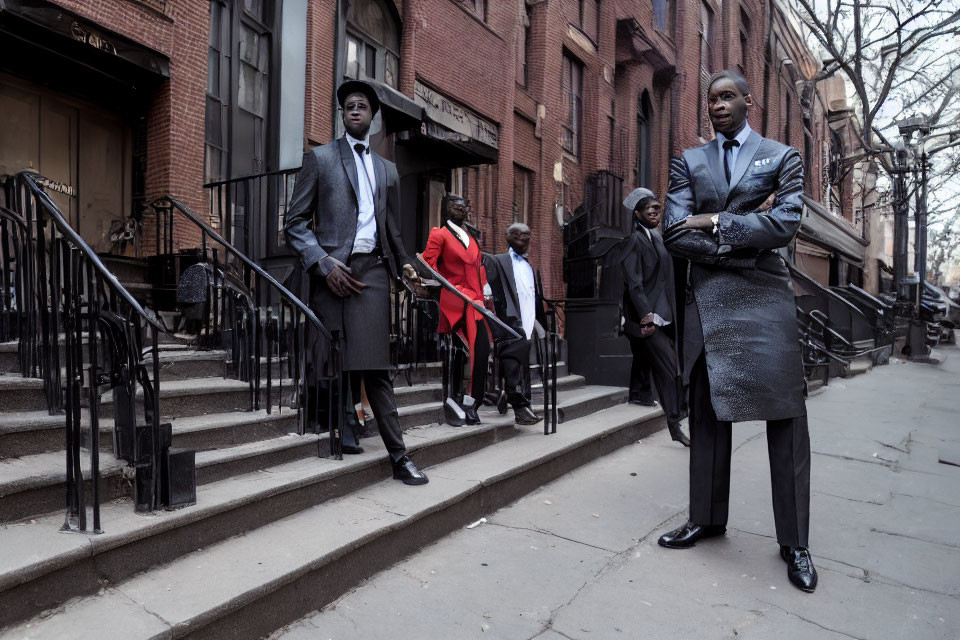 Stylish well-dressed group on city street with focus on man