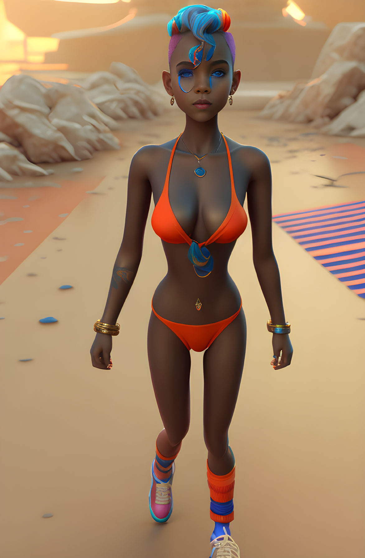 Blue-haired 3D character in orange bikini on beach at sunset