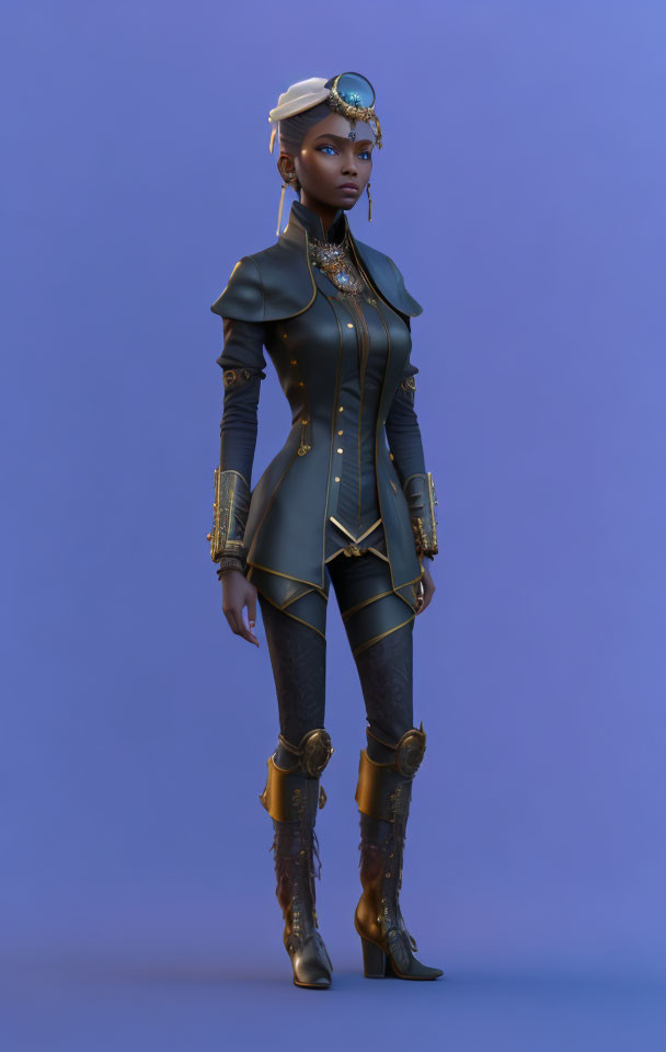 Steampunk-inspired woman in fitted jacket and goggles