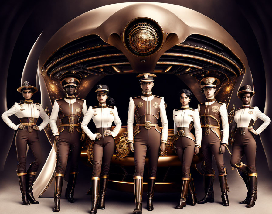 Futuristic steampunk scene with uniformed figures