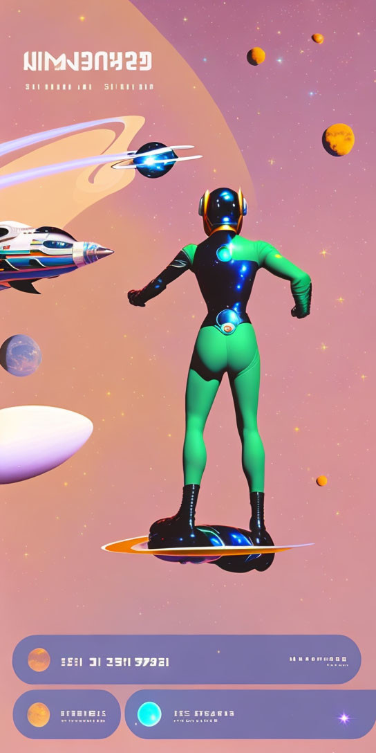 Futuristic astronaut on hoverboard with space backdrop and stylized text