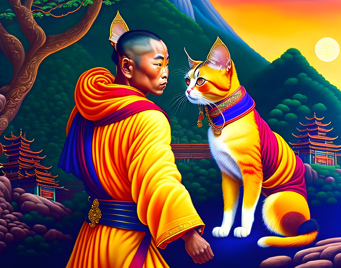 Illustration of monk in yellow robe with giant cat and Asian temples against mountain backdrop