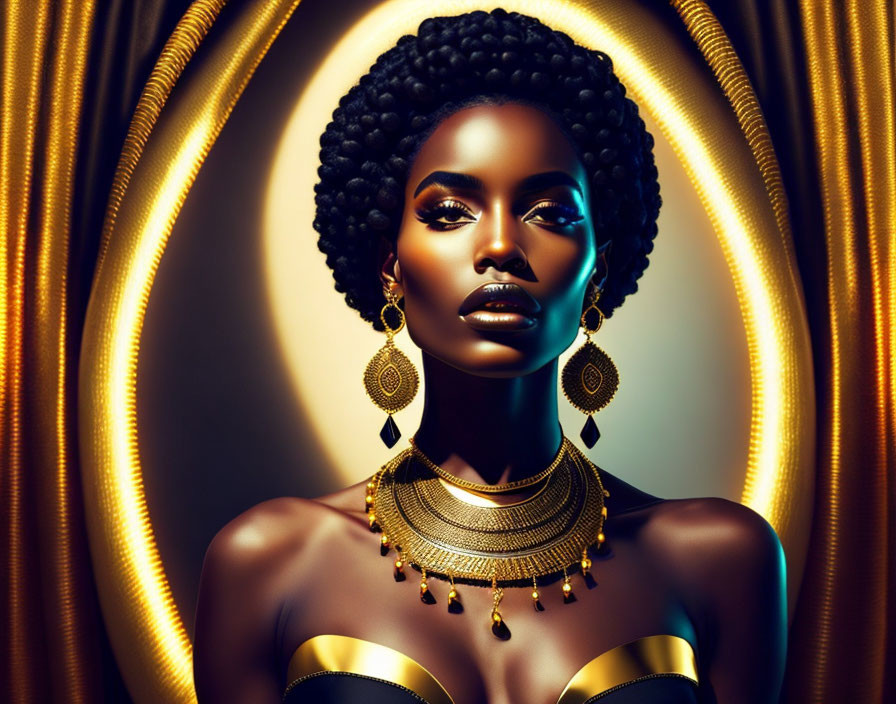 Portrait of woman with dark skin, full lips, high cheekbones, gold jewelry, against golden backdrop