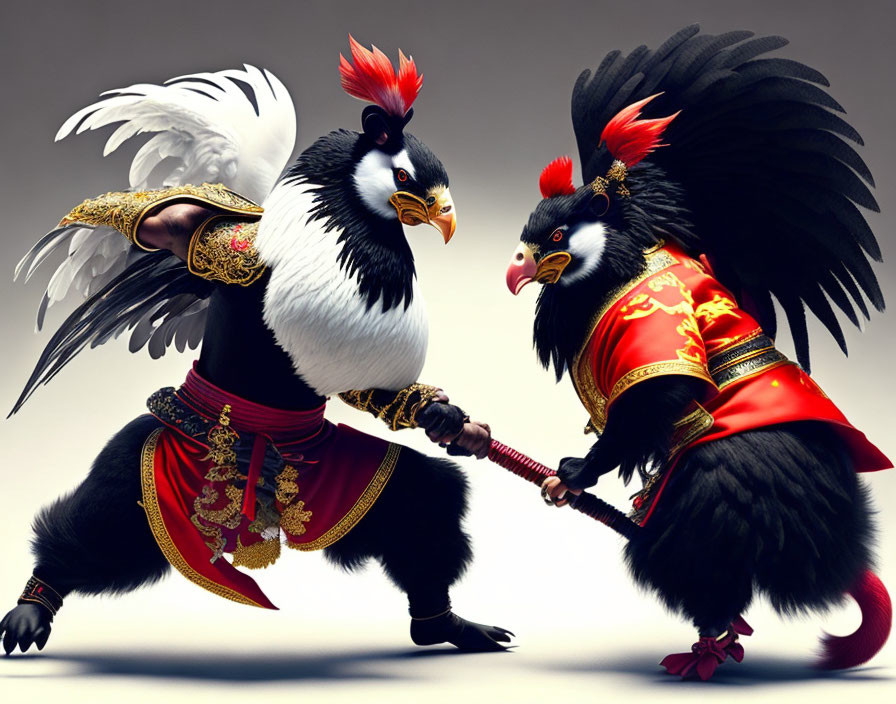 Anthropomorphic roosters in ancient Asian warrior attire sword fighting