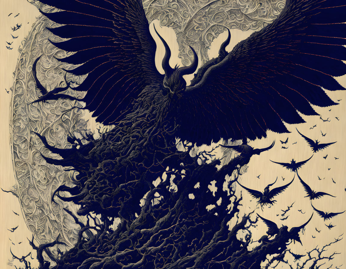 Majestic Black Phoenix Flying Amid Intricate Patterns