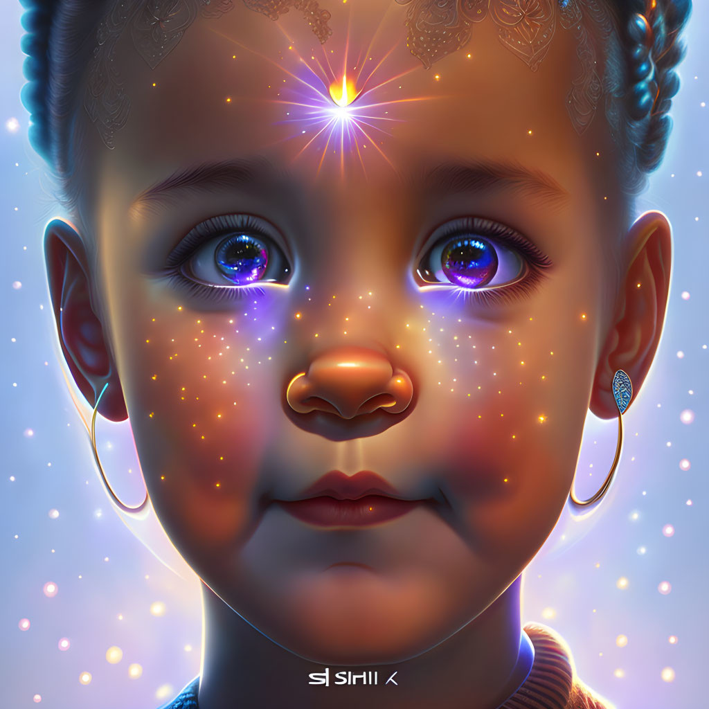 Child with Glowing Violet Eyes and Cosmic Theme