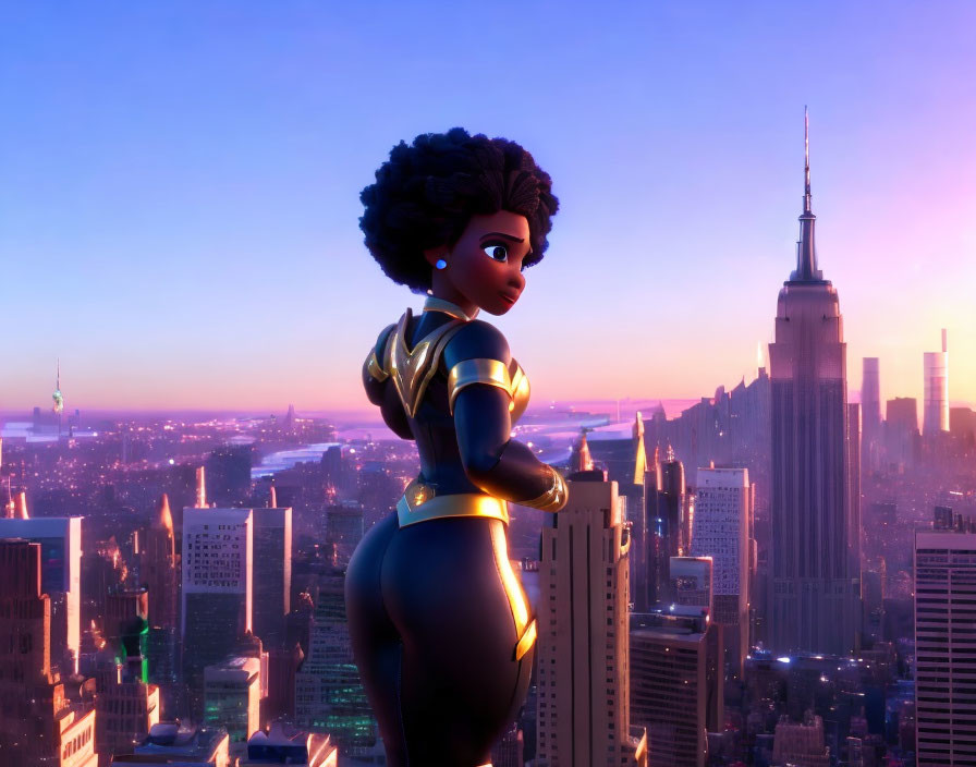 Black and gold-suited animated superheroine gazes at cityscape at sunrise