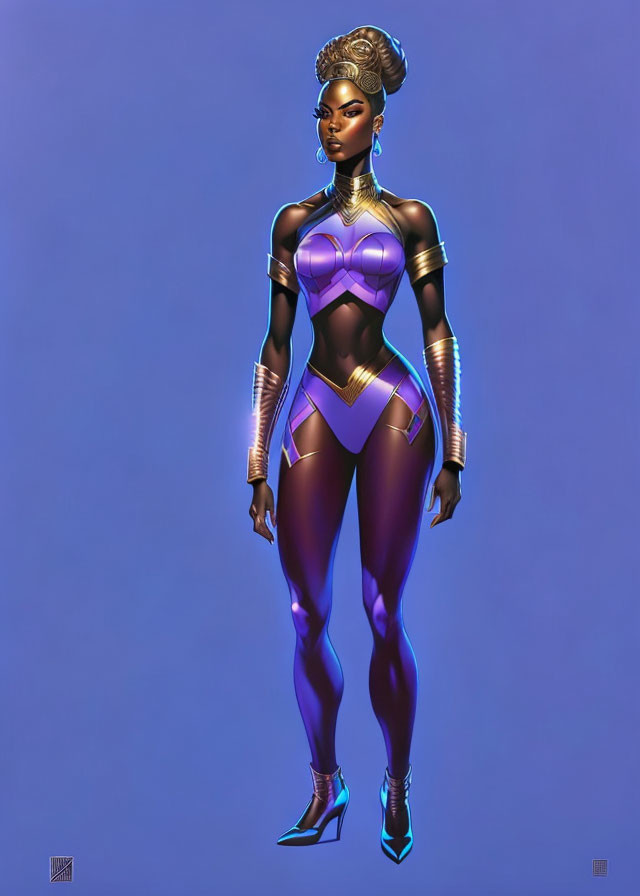 Futuristic purple and gold armored woman illustration on blue background