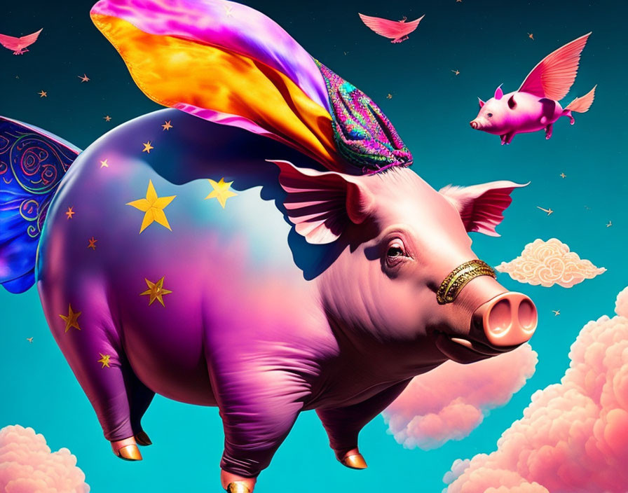 Colorful Digital Art: Purple Winged Pig with Golden Nose Ring Flying Among Clouds