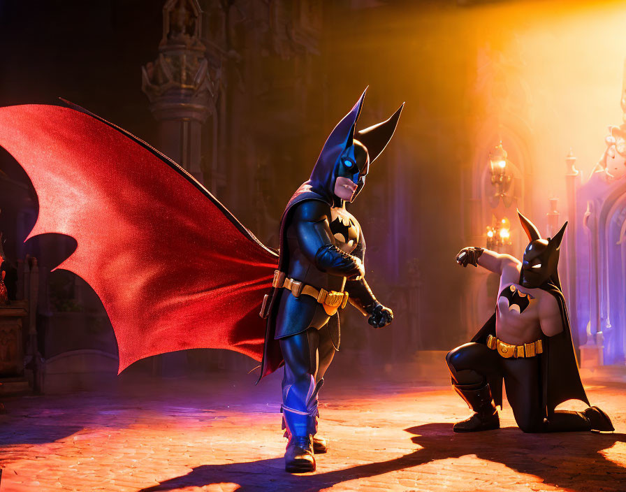 Gothic-style Batman figurines in dramatic poses with golden lighting