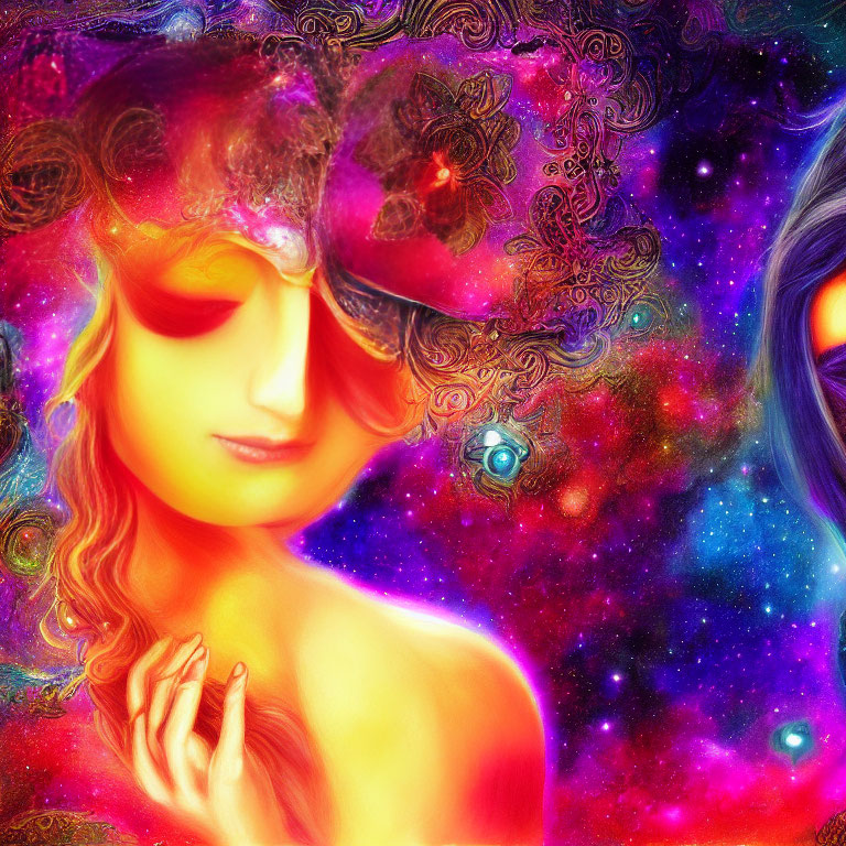 Vivid, colorful artwork of two ethereal faces with cosmic background