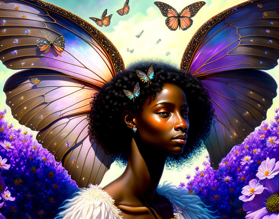 Digital artwork: Woman with butterfly wings in purple flower setting