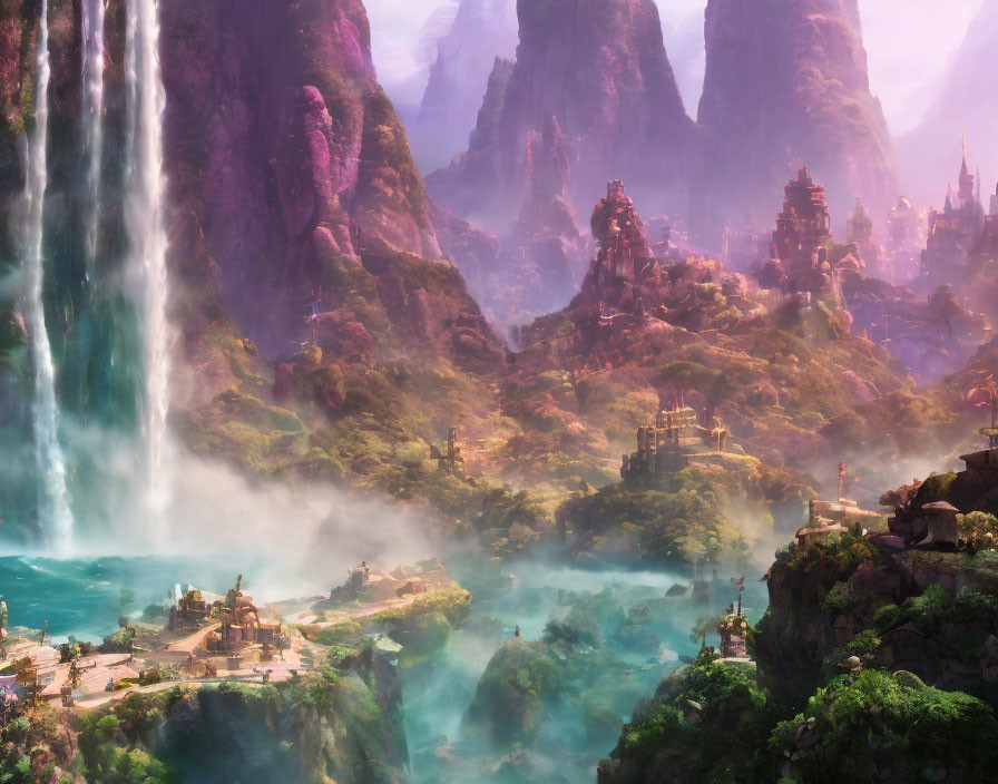 Majestic mountains, waterfalls, temples in mystical landscape