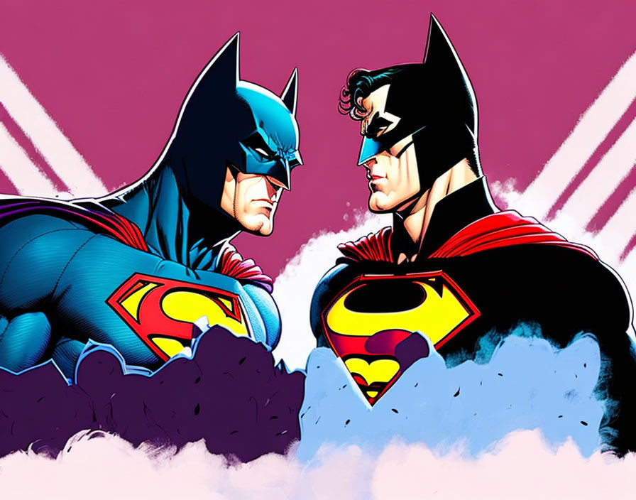 Superheroes Batman and Superman in determined pose with pink and white burst background