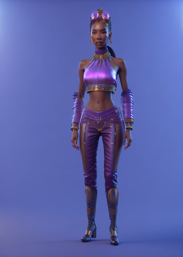 Futuristic female character in purple attire with detailed hairstyle